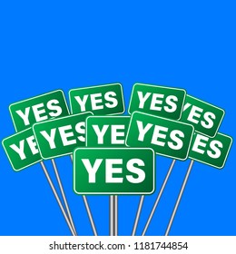 Yes Vote and voting to approve an important political or social policy or issue by protesting in a demonstration with signs and placards. Vector Illustration