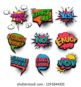 Yes Wake Up Wow Comic Text Collection Sound Effects Pop Art Style. Set Vector Speech Bubble With Word And Short Phrase Cartoon Expression Illustration. Comics Book Colored Background Template.