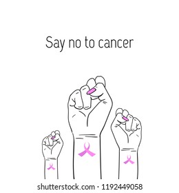 Yes We can. Fight like a girl. Breast Cancer Awareness Month symbol. Vector illustration with female raised hand and pink ribbon isolated. International health campaign for woman in October