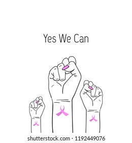 Yes We can. Fight like a girl. Breast Cancer Awareness Month symbol. Vector illustration with female raised hand and pink ribbon isolated. International health campaign for woman in October