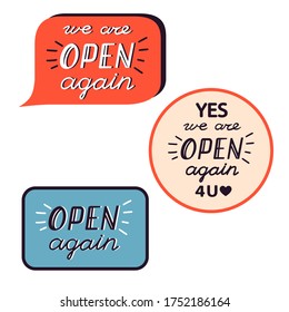 yes we are open again lettering. Open again after quarantine, vector illustration of small business owner welcoming customers, re-opening of cafe, shop, service, restaurant are working again, 