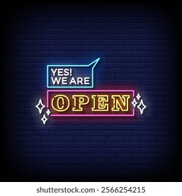 yes we are open neon sign style with brick wall background vector