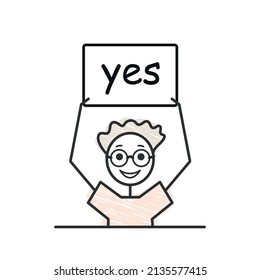 yes white banner optimistic positive answer vector doodle boy character hold poster