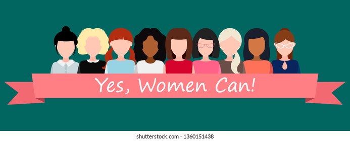 Yes, women can! Strong girl. Symbol of female power, woman rights, protest, feminism. Vector illustration. Group of positive women without a face, United by a pink ribbon