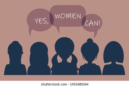 Yes, women can! Strong girl. Symbol of female power, woman rights, protest, feminism. Vector illustration. Group of women 