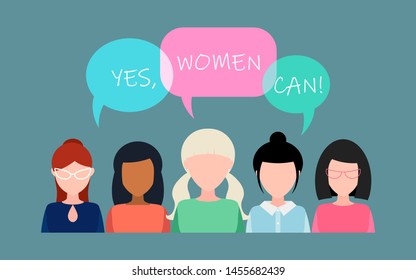 Yes, women can! Strong girl. Symbol of female power, woman rights, protest, feminism. Vector illustration. Group of positive women without a face, 