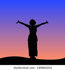 Yes, Women Can. A well grounded Woman with hands raised up. Girl Power. Feminism concept. Illustration in pink pastel goth colors isolated on white. Sticker, patch graphic design. 
