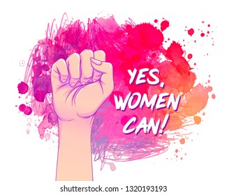 Yes, Women Can. Woman's hand with her fist raised up over watercolor. Girl Power. Feminism concept. Realistic style vector illustration in pink pastel goth colors. Sticker, patch graphic design. 