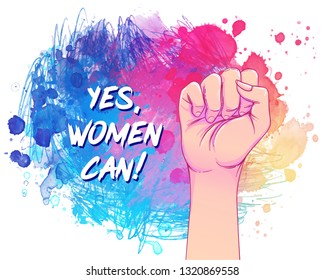 Yes, Women Can. Woman's hand with her fist raised up over watercolor. Girl Power. Feminism concept. Realistic style vector illustration in pink pastel goth colors. Sticker, patch graphic design. 