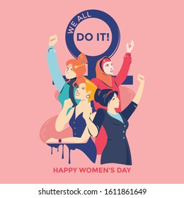 Yes, Women Can. Woman's hand with her fist raised up. Girl Power. Feminism concept for International women's day