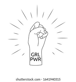 Yes, Women Can. Woman's hand with her fist raised up. Girl Power. Feminism concept. Realistic style vector illustration in pink pastel goth colors. Sticker, patch graphic design.