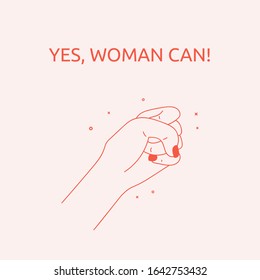 Yes, Women Can. Woman's hand with her fist raised up. Girl Power. Feminism concept. Realistic style vector illustration in pink pastel goth colors. Sticker, patch graphic design.