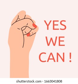 Yes, Women Can. Woman's Hand With Her Fist Raised Up. Girl Power. Feminism Concept. Realistic Style Vector Illustration In Pink Pastel Goth Colors. Sticker, Patch Graphic Design.