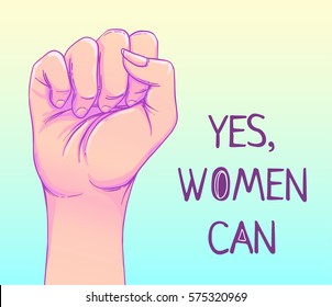 Yes, Women Can.  Woman's hand with her fist raised up. Girl Power. Feminism concept. Realistic style vector illustration in pink  pastel goth colors. Sticker, patch graphic design.