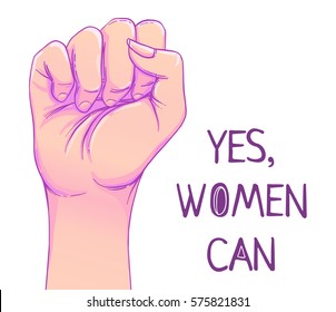 Sí, Las Mujeres Pueden. La mano de la mujer con el puño levantado. El Poder Chico. Concepto de feminismo. Ilustración vectorial de estilo realista en colores de goto rosa pastel aislados en blanco. Diseño gráfico de parche.