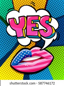 YES word bubble with american flag make up lips. Message Yes in pop art comic style.