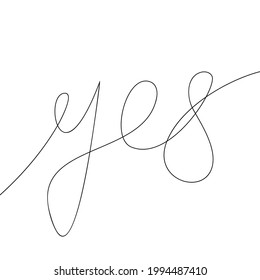Yes word continuous one line drawing, Calligraphy lettering handwriting graphics vector minimalist linear illustration made of single line