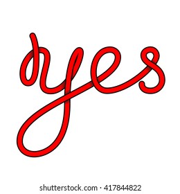 Yes word hand lettering calligraphy. Handmade vector Lettering. Red letters with shadows on isolated white background. Vector illustration for T-Shirt, post card, packaging, web, ads.