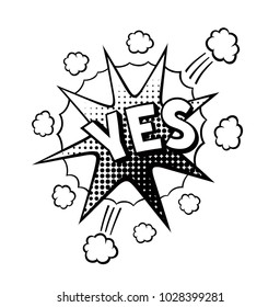 Yes, word in speech bubble patch badge. Comic book style vector sticker, pin, patch in cartoon 80s-90s comic style