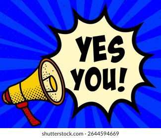 Yes you announcement speech bubble. Megaphone, speech burst, comic style, bright background, communication element, expression tool, voice projection, information sharing, pop art design.