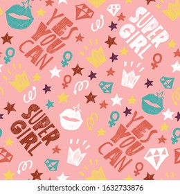 'Yes you can', 'Super girl' - motivational and inspirational seamless pattern. Hand drawn illustration in cartoon style. Vectorized from sketch.