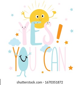 yes you can text, sun, cloud, star, pink illustration, vector art