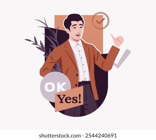 Yesman agrees, businessman positive deal, good exam result, success or accepted accomplishment, modern design for art magazine, business blog, graphic advertisement, digital social media illustration