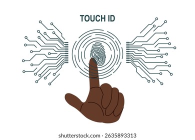 
YesNo
Fingerprint scanning system. Biometric authentication technology concept. A black skin tone human hand scanning finger. Personal touch id identity. Vector flat background.