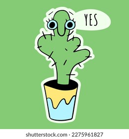 Yes.sticker of cute cactus in flowerpot. desert plant isolated.succulents with funny face.Kawaii cactus