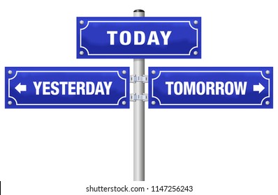 YESTERDAY, TODAY, TOMORROW, written on three blue signposts - symbolic for living in the here and now, not in the past or future - isolated vector illustration on white background.