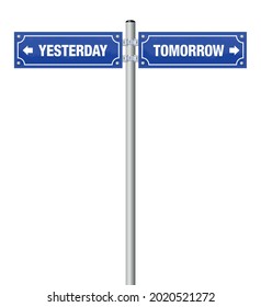 YESTERDAY and TOMORROW, symbol for past and future, for history, evolution, progress, development and change - written on two signposts - isolated vector illustration on white background.
