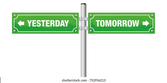 YESTERDAY and TOMORROW, written on two green street signs - symbol for looking backwards and forwards, for bygone and challenge, for history and future - isolated vector on white.