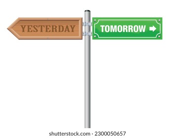 YESTERDAY and TOMORROW, written on a wooden and a green street sign - symbol for looking backwards and forwards, for bygone and challenge, for history and future - isolated vector on white.
