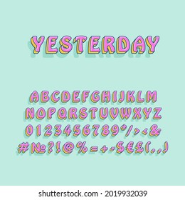 Yesterday vintage 3d vector alphabet set. Retro bold font, typeface. Pop art stylized lettering. Old school style letters, numbers, symbols pack. 90s, 80s creative typeset design template