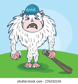 Yeti baseball player with a funny face, with ball, bat in the hat