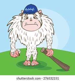 Yeti baseball player with a funny face, with ball, bat in the hat