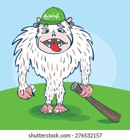 Yeti baseball player with a funny face, with ball, bat in the hat