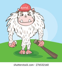 Yeti baseball player with a funny face, with ball, bat in the hat