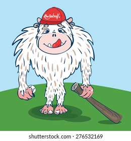 Yeti baseball player with a funny face, with ball, bat in the hat