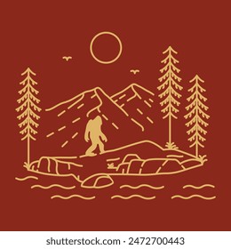 Yeti Big Foot Hiking the Mountain Vector Illustration for Apparel Design