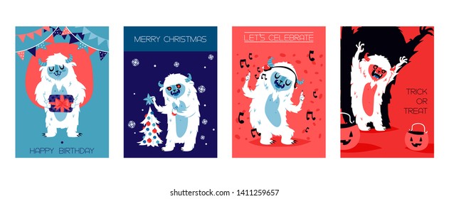 Yeti grandes caracteres para cumpleaños, Navidad, Halloween. Ilustración vectorial para banners. Celebremos.Dulce o trate. Monstruos con regalos, árbol de Año Nuevo, auriculares, calabaza.