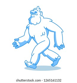 Yeti bigfoot isolation on white. Funny yeti - blue sasquatch cartoon illustration. 