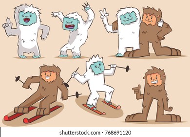 Yeti and Bigfoot vector cartoon character. Monsters set isolated on background.