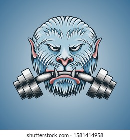 Yeti bite the barbell illustration for digital, t shirt, apparel and other merchandise
