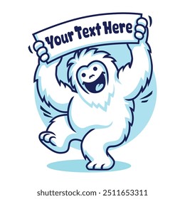 Yeti Cartoon Illustration holding a Banner Ribbon while Smiling Happily