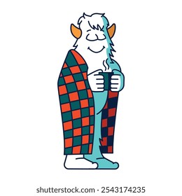 Yeti character with a blanket and a cup of hot cocoa color line illustartion. Vector isolated element. Editable stroke.