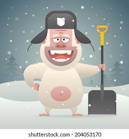 Yeti character holding shovel in winter forest