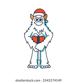 Yeti character with a New Year's gift color line illustartion. Vector isolated element. Editable stroke.