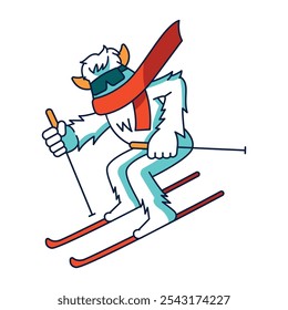 Yeti character is skiing color line illustartion. Vector isolated element. Editable stroke.