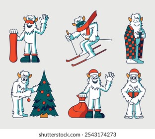 Yeti character: skiing, snowboarding, decorating a Christmas tree, with Christmas gifts color line illustartions. Vector isolated element. Editable stroke.